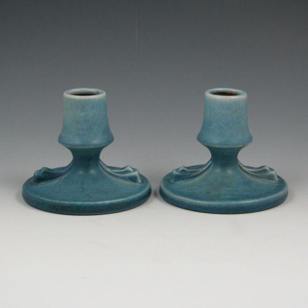 Appraisal: Pair of blue Roseville Rozane Pattern candleholders Marked Roseville USA