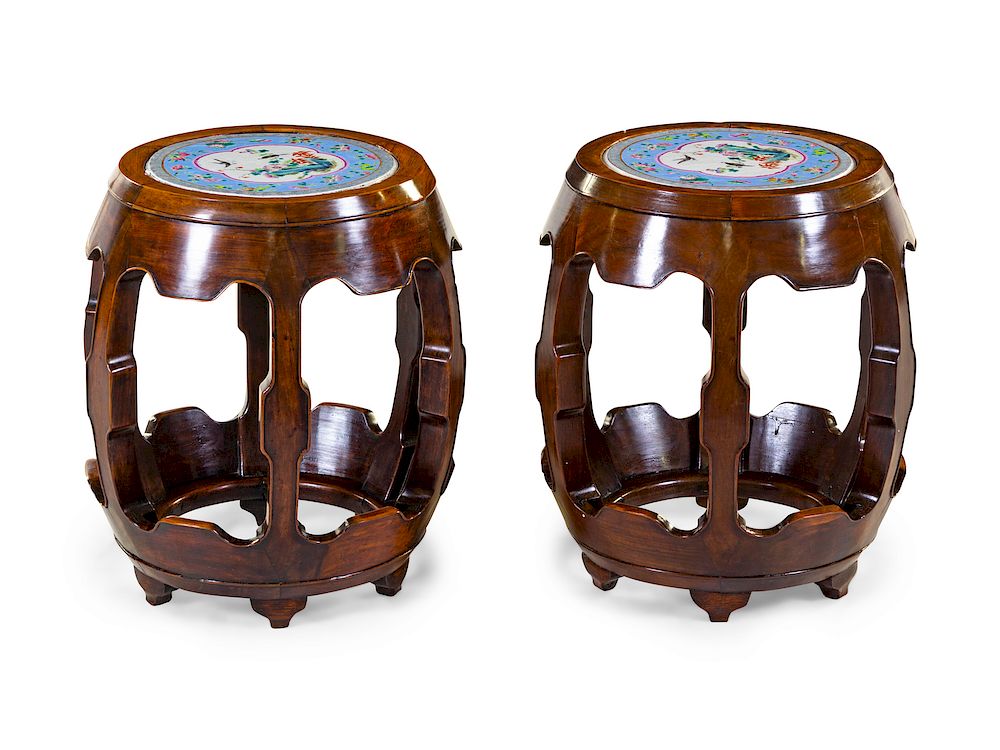 Appraisal: A Pair of Porcelain Plaque Inset Hardwood Garden Stools Each