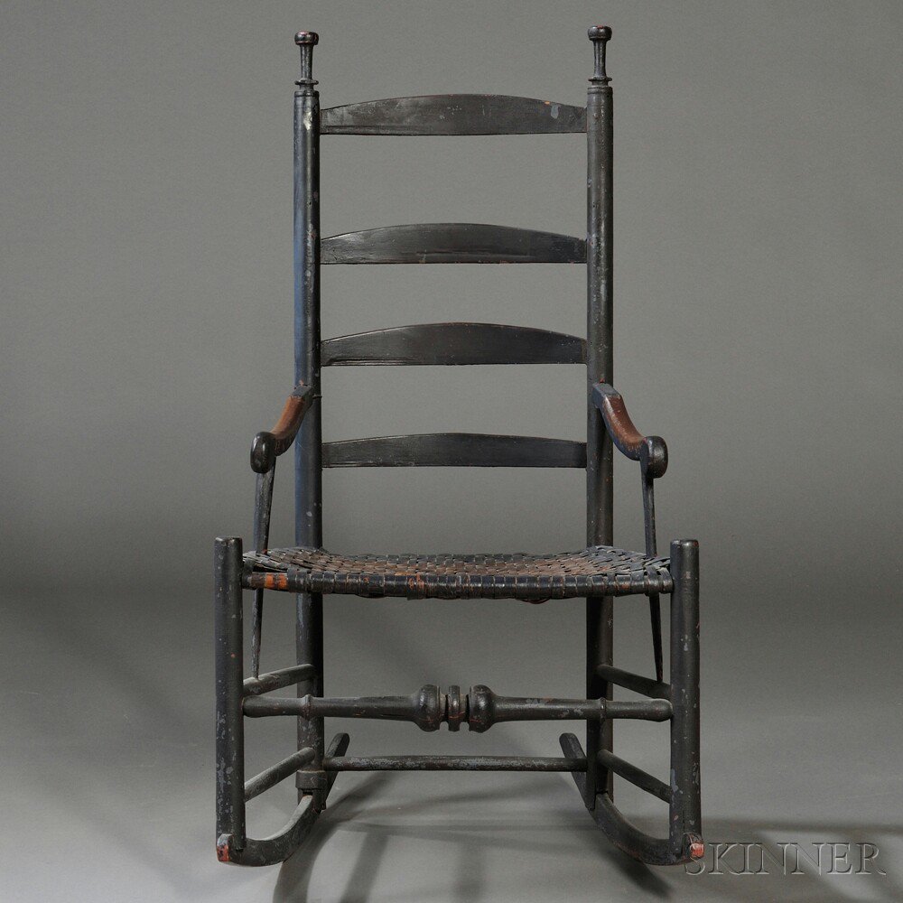 Appraisal: Dark Blue-painted Slat-back Armed Rocking Chair probably northern New England