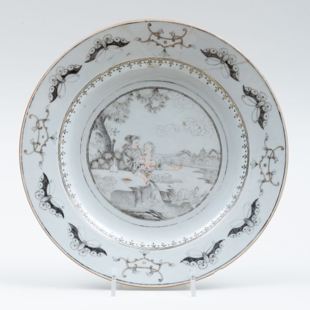 Appraisal: Chinese Export Grisaille Porcelain European Subject Plate in diam Condition