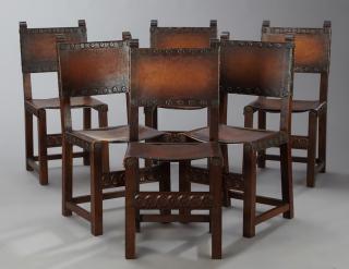 Appraisal: Set of Six Spanish Renaissance Style Carved Walnut and Leather