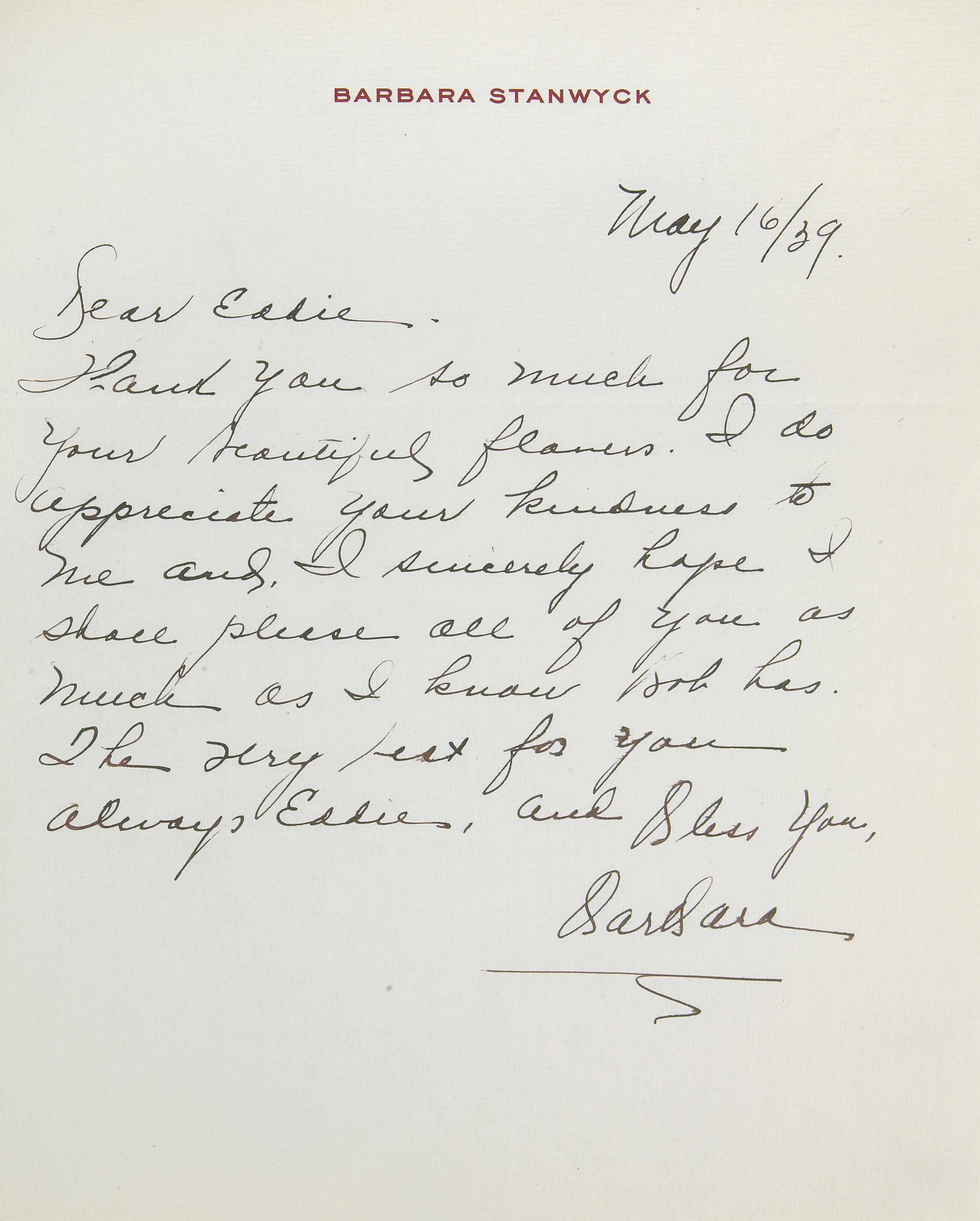 Appraisal: STANWYCK BARBARA - Autograph Letters Signed ''Barbara'' pp to n