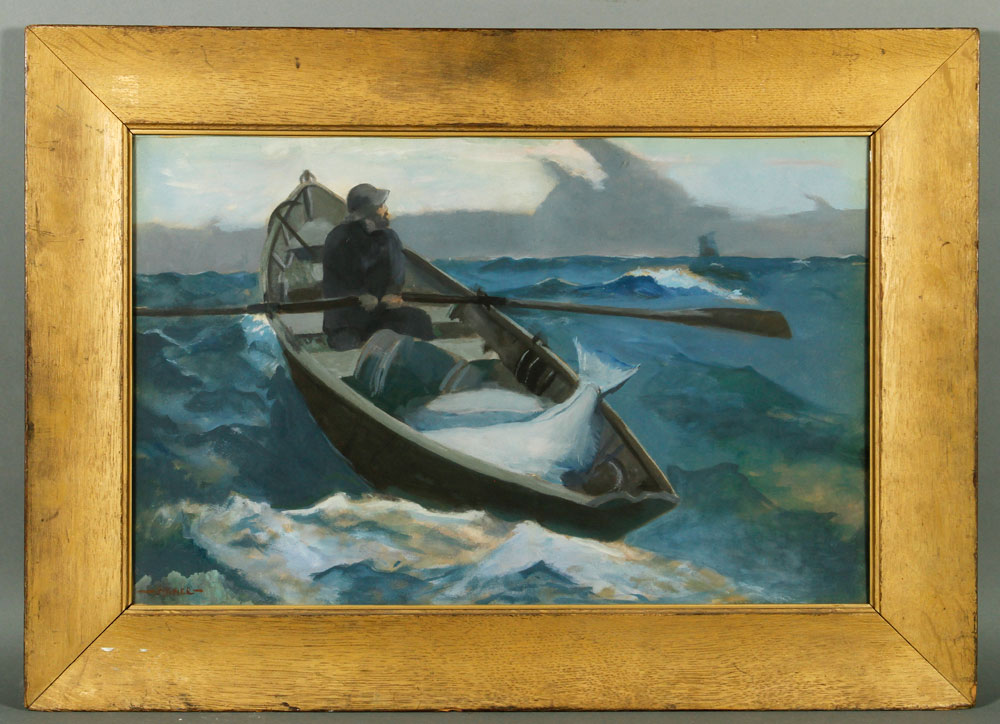 Appraisal: - Fisherman in Rowboat Oil Pastel Signed Homer fisherman in