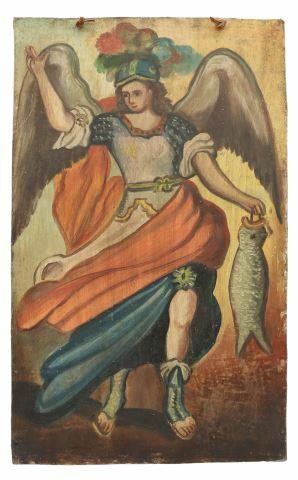 Appraisal: Unframed oil on tin retablo Mexico Arcangel San Rafael Archangel