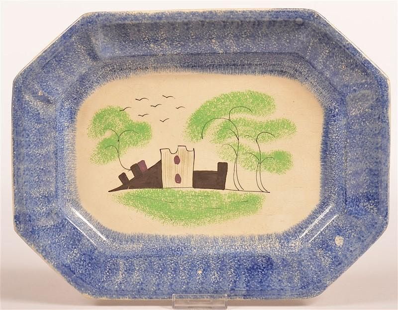 Appraisal: Blue Spatter Fort Pattern Ironstone Platter Blue Spatter Fort Pattern