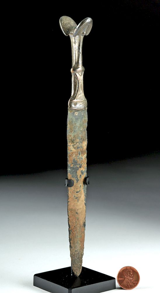 Appraisal: Fabulous Luristan Bronze Dagger w Silver Handle Ancient Near East