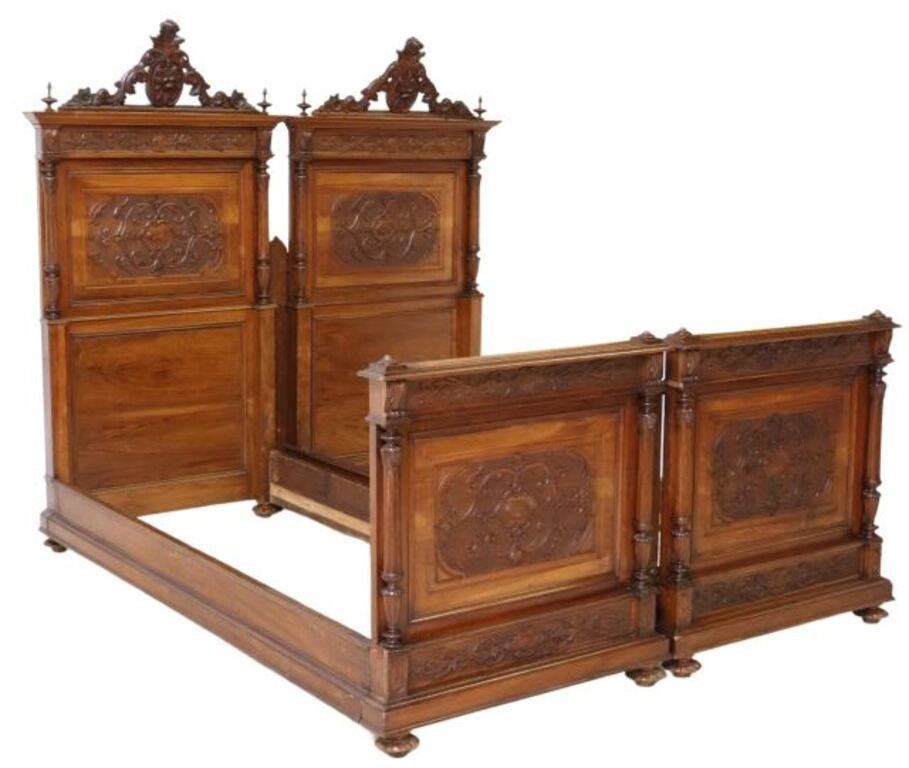 Appraisal: pair Italian Renaissance Revival carved walnut beds th c having