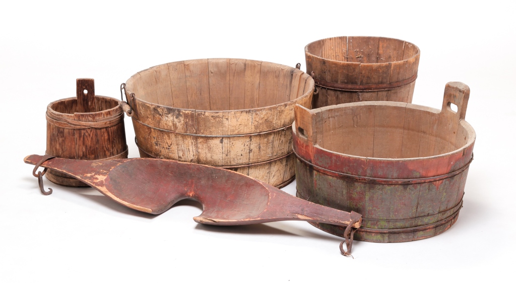 Appraisal: TWO WASHTUBS TWO BUCKETS AND YOKE Second half th century