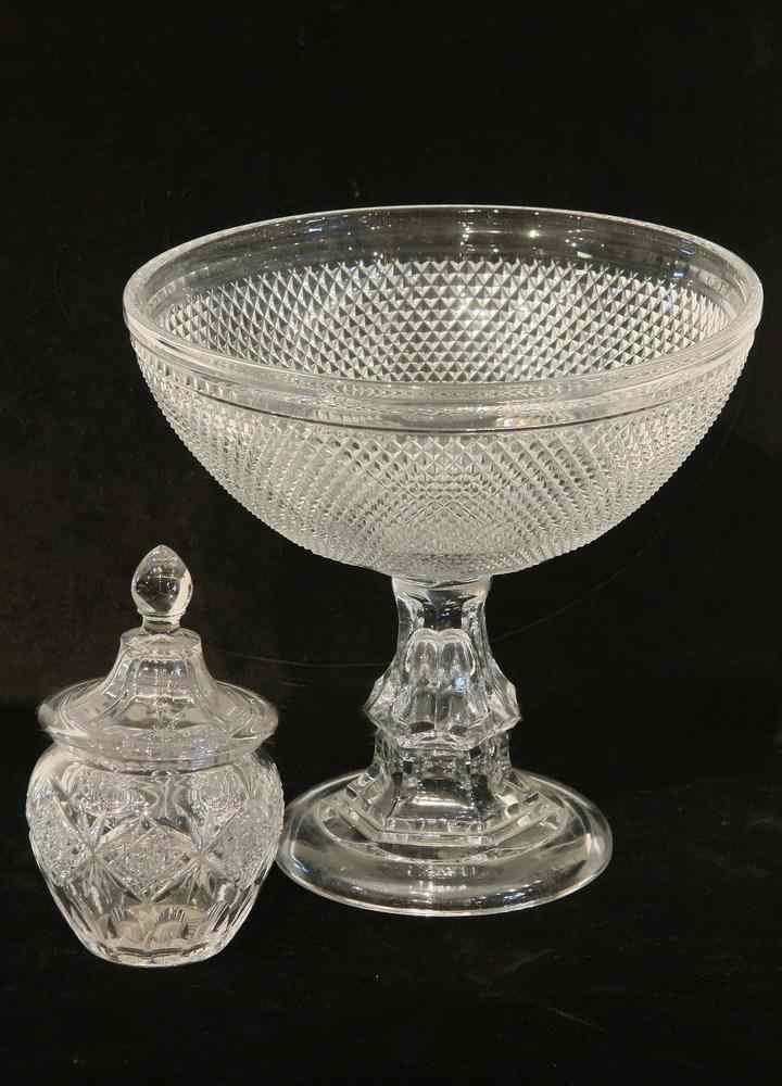 Appraisal: PRESSED GLASS PEDESTAL BOWL COVERED JAR - Diamond Cut Center