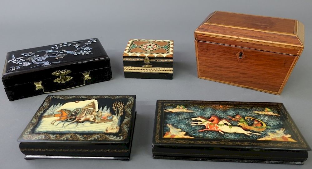 Appraisal: Grouping of Boxes Including Russian Lacquered Two Russian black lacquered