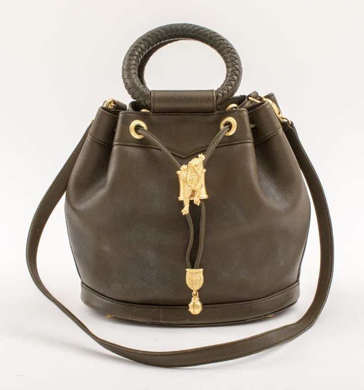 Appraisal: BARRY KIESELSTEIN CORD OLIVE LEATHER BUCKET BAG Barry Kieselstein Cord