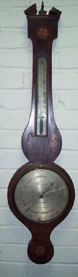 Appraisal: A Regency mahogany barometer and thermometer the banjo shaped case