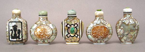 Appraisal: A group of five mother-of-pearl decorated snuff bottles One bearing