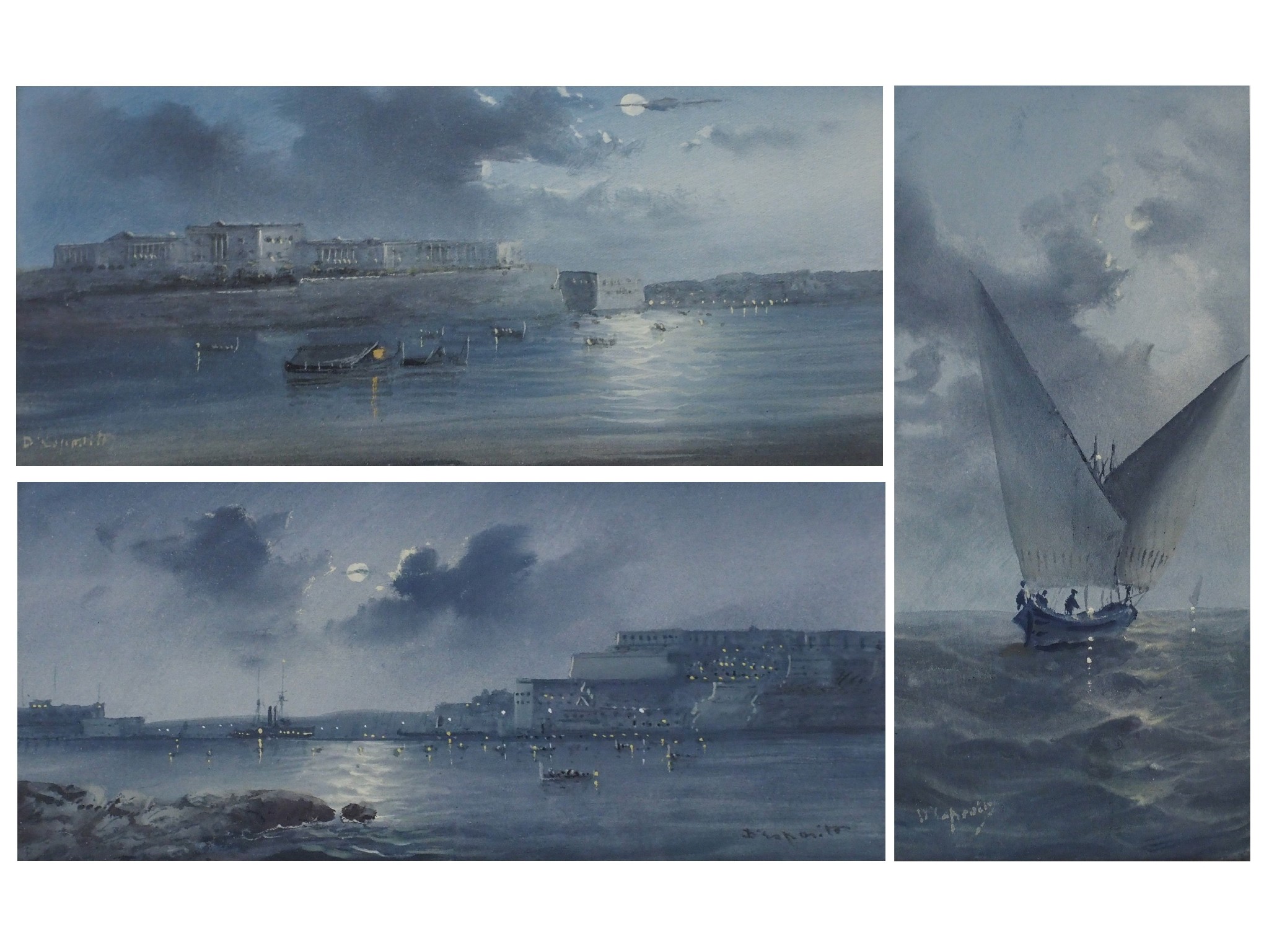 Appraisal: VINCENZO D'ESPOSITO Maltese - VALLETA HARBOUR BY MOONLIGHT a pair