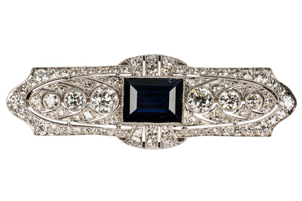 Appraisal: ART DECO PLATINUM DIAMOND SAPPHIRE BAR BROOCHcentering one rectangular step