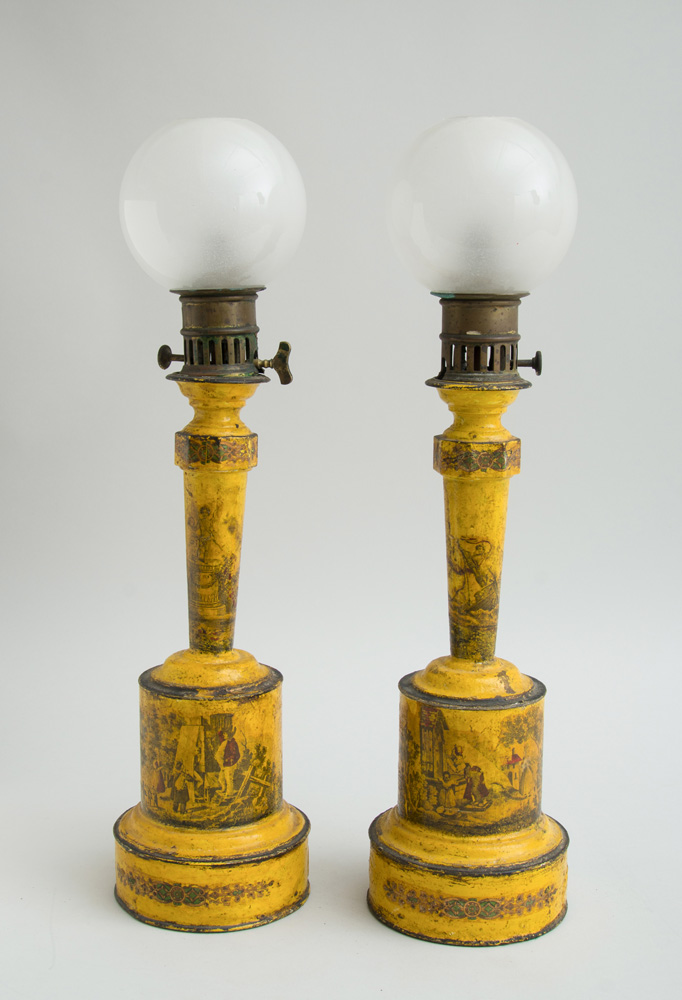 Appraisal: PAIR OF FRENCH YELLOW T LE PEINTE OIL LAMPS Each