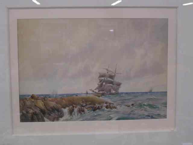 Appraisal: Harold W Stagg Watercolor Sailing Shipby a jetty image area