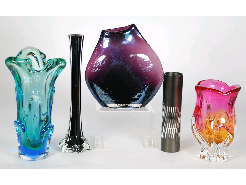 Appraisal: FIVE TWENTIETH CENTURY STUDIO GLASS VASES comprising TWO TEXTURED 'CASED'