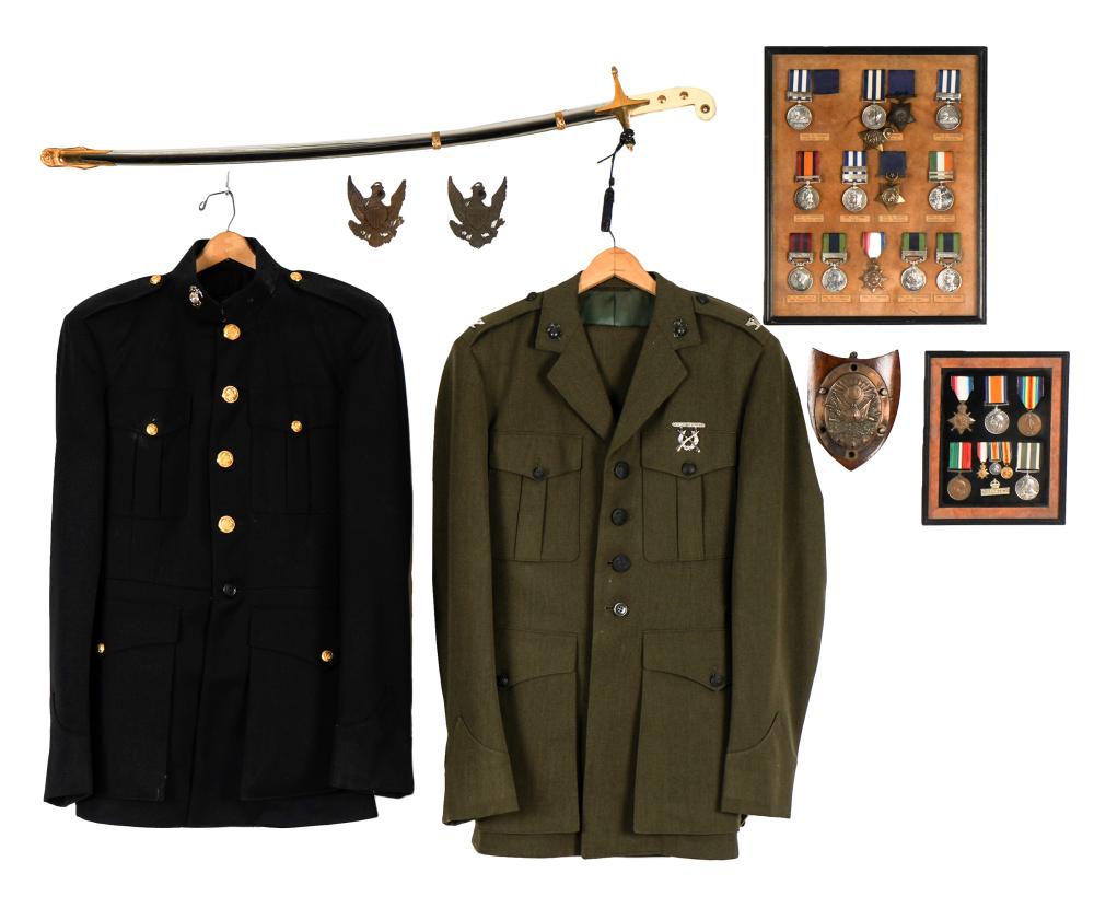 Appraisal: GROUP OF MILITARY MEMORABILIAcomprising two uniforms a marine sword inches