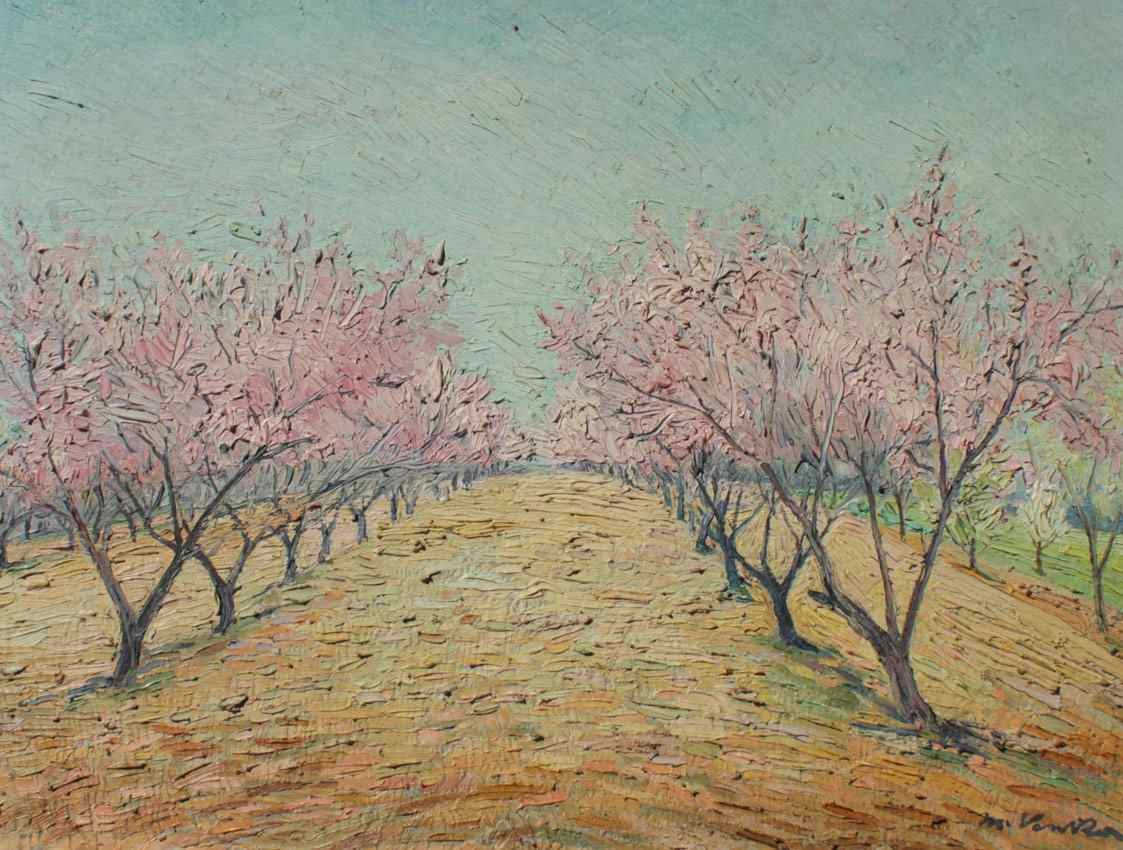 Appraisal: LANDSCAPE WITH BLOSSOMING PINK TREES Oil Canvasboard '' x ''