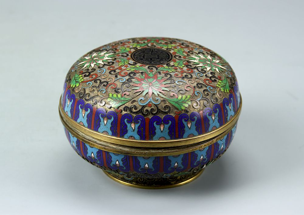 Appraisal: Chinese Cloisonne Enamel Box th C with a central auspicious