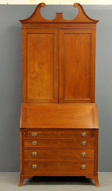 Appraisal: - New England Hepplewhite inlaid cherry two-part secretary bookcase circa