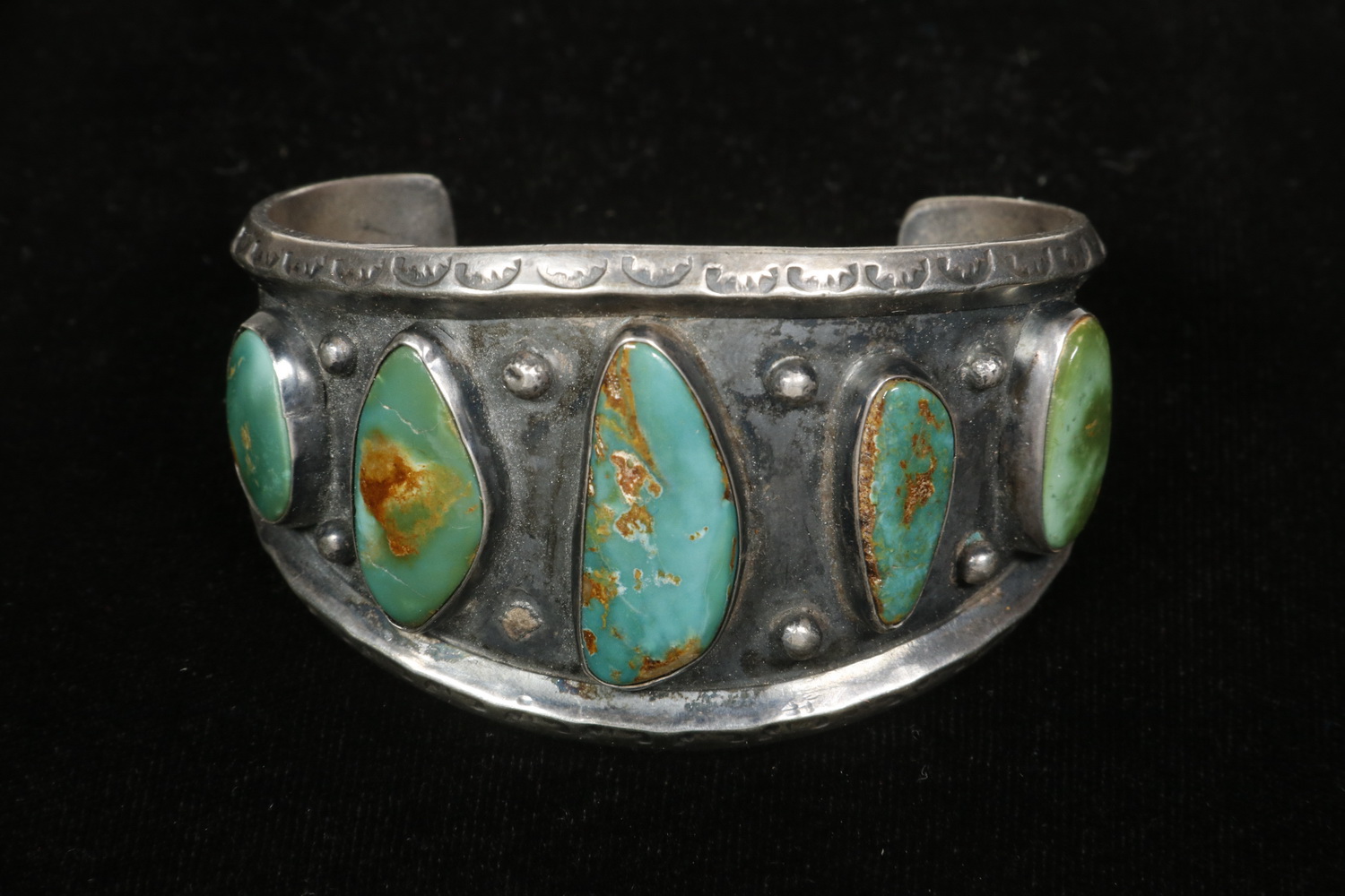 Appraisal: NATIVE AMERICAN SILVER FIVE-STONE CUFF BRACELET Vintage Hand Crafted Sterling