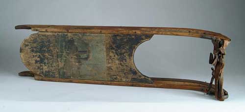 Appraisal: PAINTED CHILD S SLED WITH BATTLESHIP Central panel top has