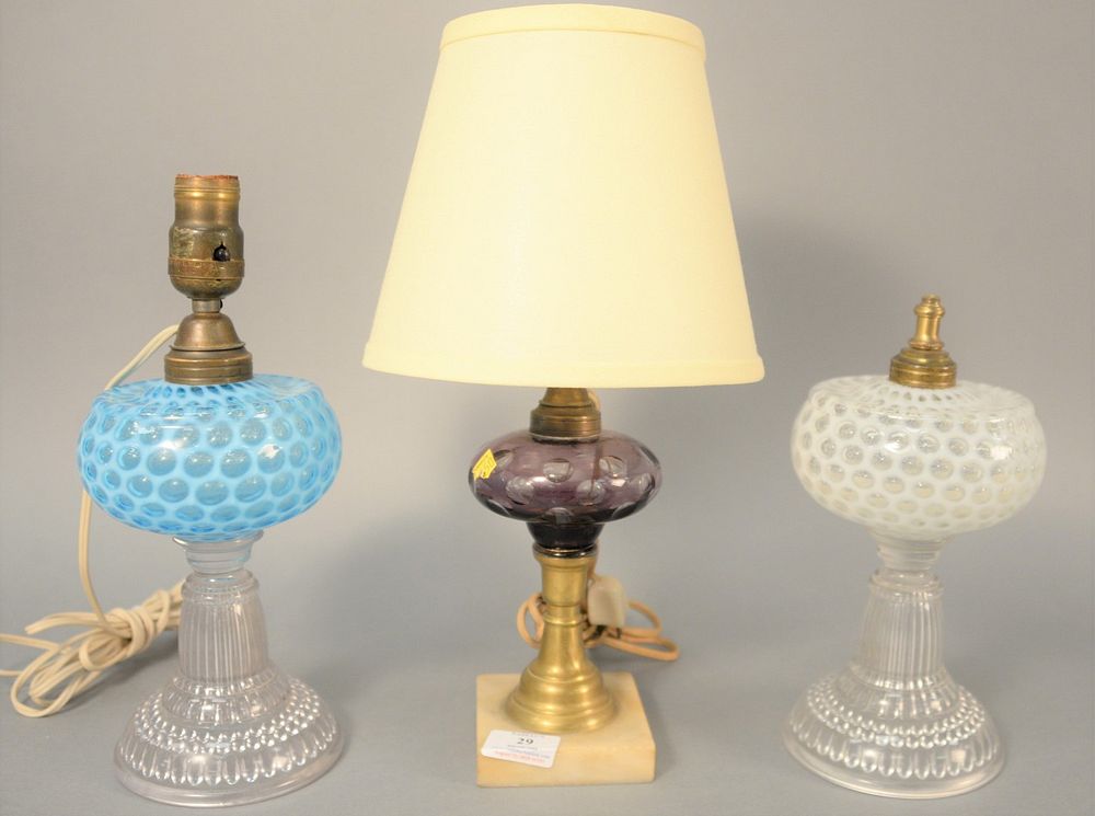 Appraisal: Three glass oil lamps to include blue opalescent glass oil