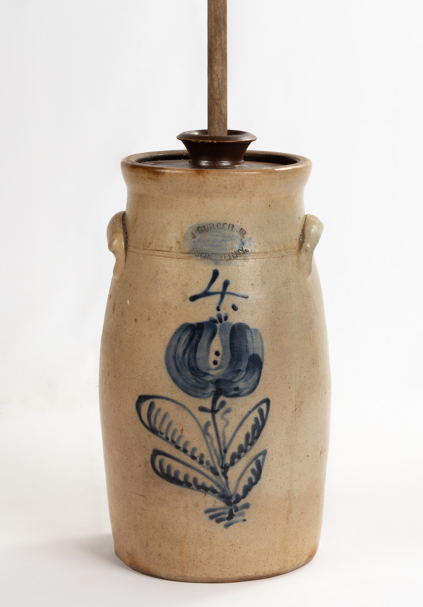 Appraisal: J BURGER JR GALLON STONEWARE CHURN Rochester NY