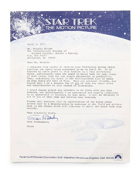 Appraisal: A Gene Roddenberry signed letter On a single sheet of