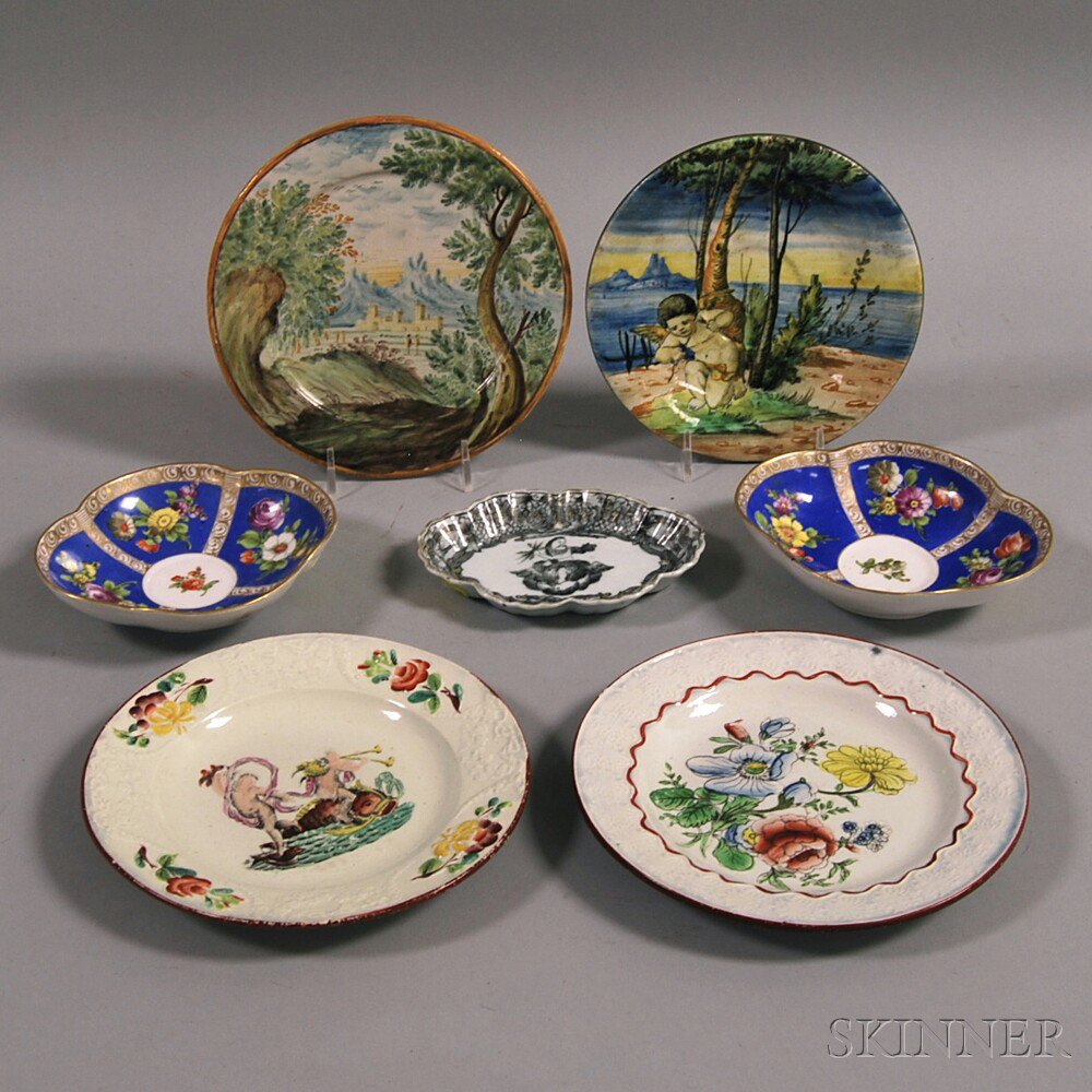 Appraisal: Seven Ceramic Plates Europe th century two polychrome-decorated Staffordshire plates