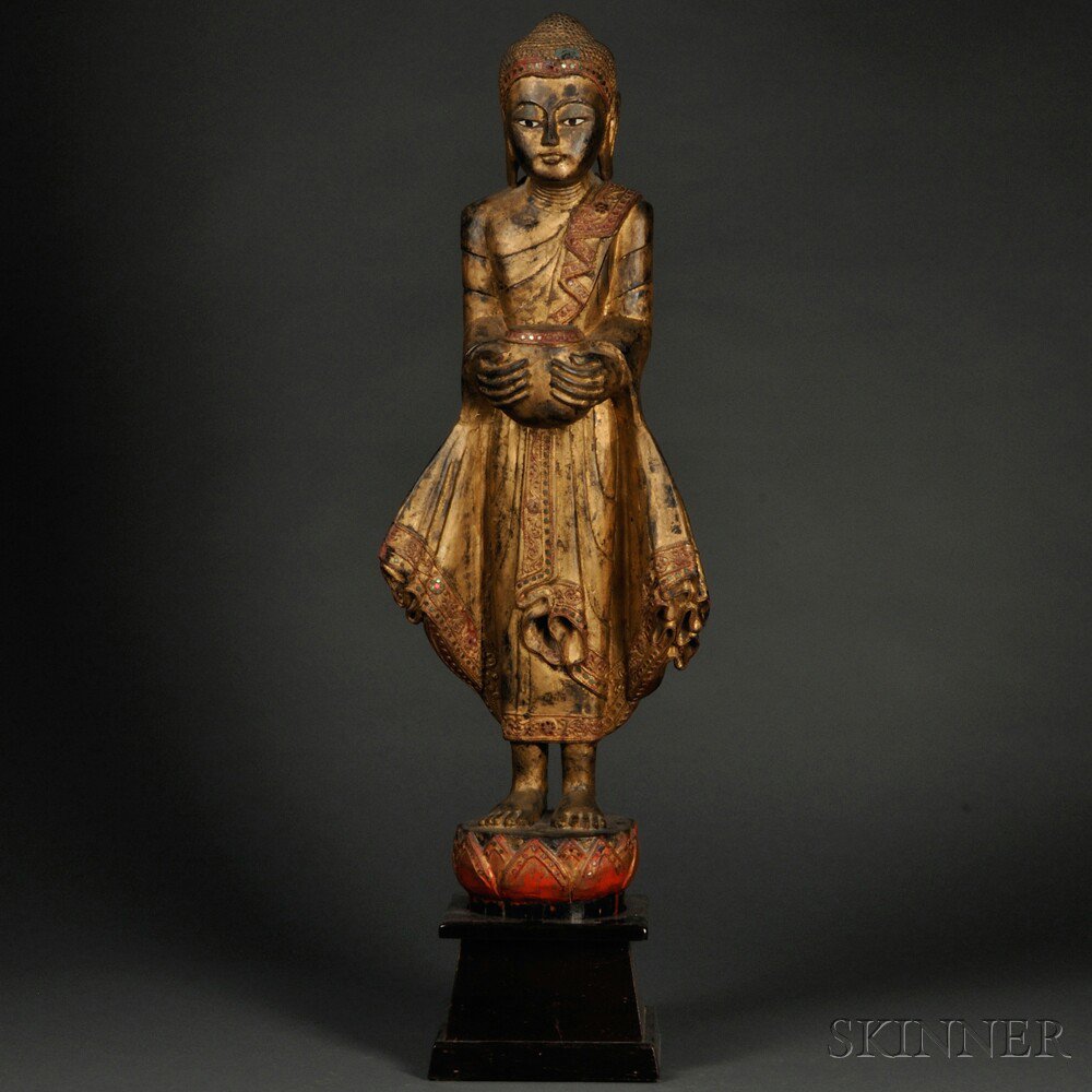 Appraisal: Inlaid Giltwood Medicine Buddha Burma th century depicted standing on