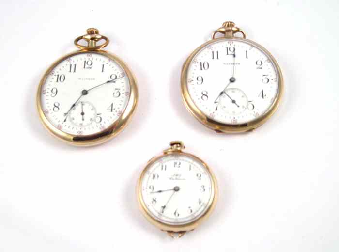 Appraisal: THREE AMERICAN WALTHAM OPENFACE POCKET WATCHES A model size jewels