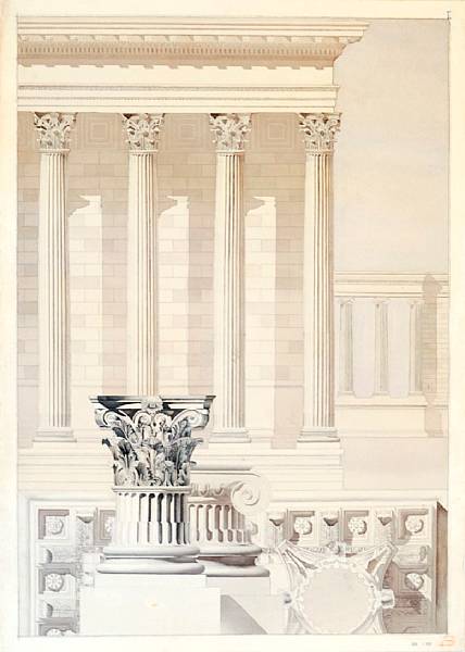 Appraisal: An American Neoclassical architectural wash rendering Watercolor on paper the