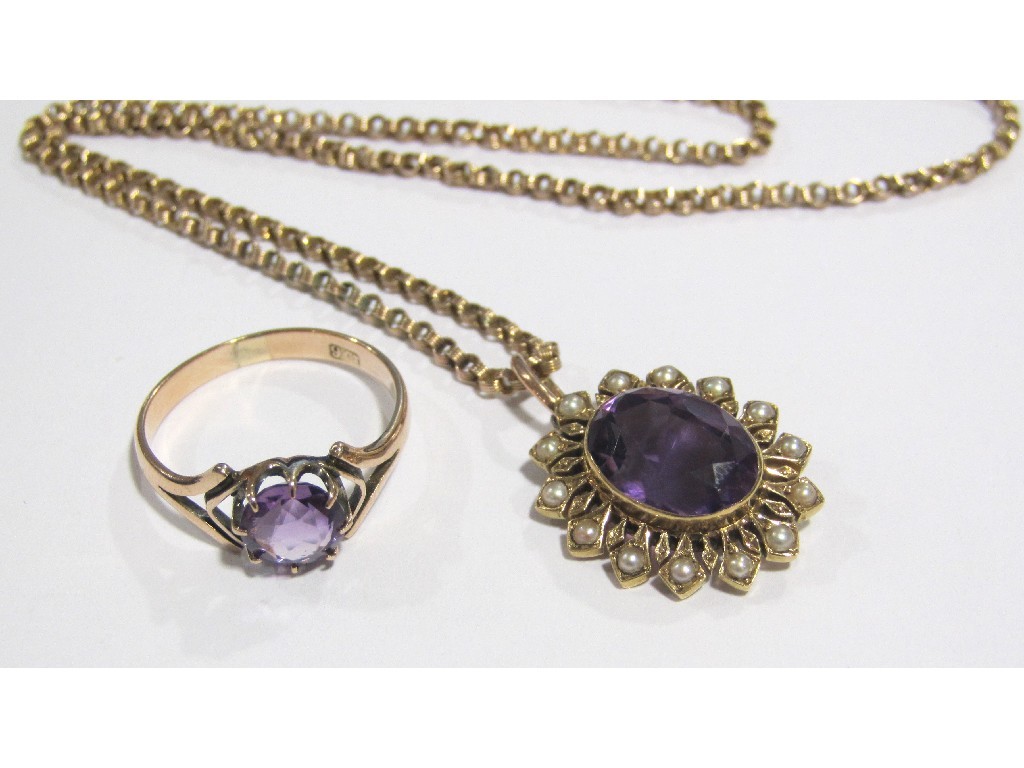 Appraisal: An Edwardian yellow metal amethyst and seed pearl set pendant