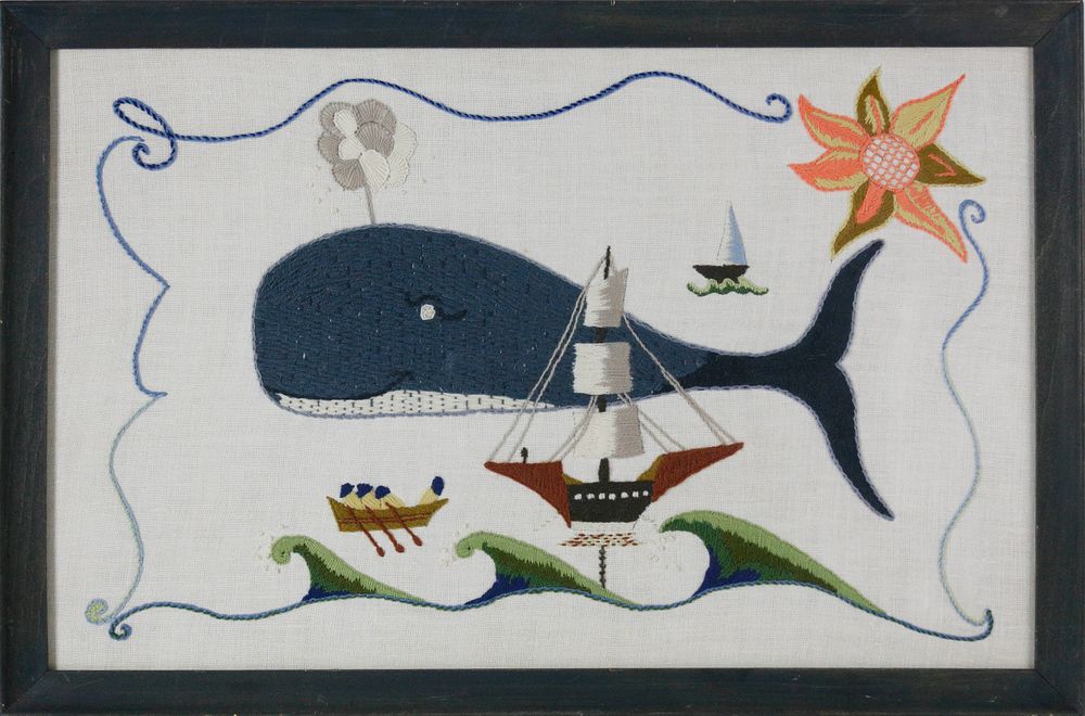 Appraisal: Vintage Nantucket Crewel Work Embroidered Folk Art Whaling Scene Vintage