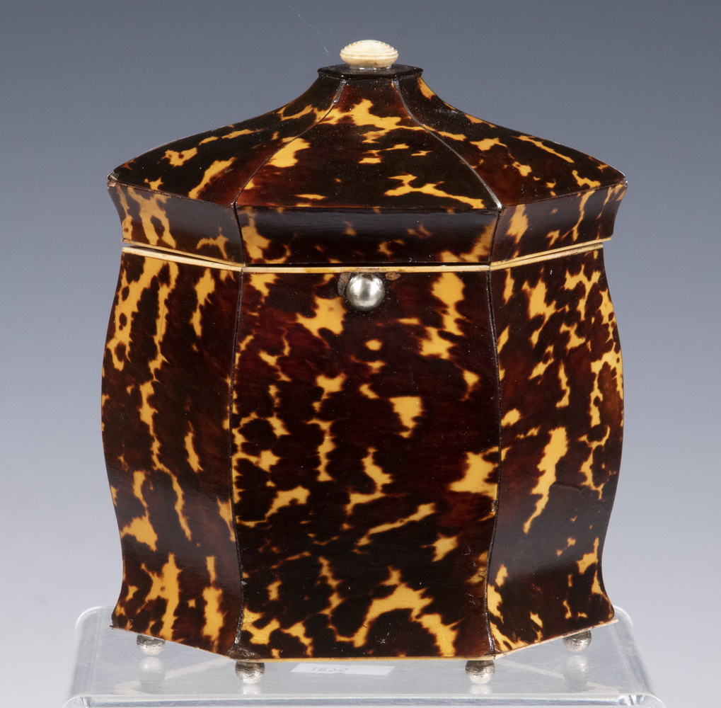 Appraisal: OCTAGONAL TORTOISESHELL TEA CADDY Petite th c English Tea Caddy