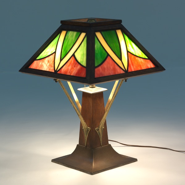 Appraisal: ARTS AND CRAFTS LIMBERT STYLE SLAG GLASS LAMP x Table