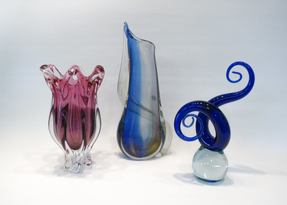 Appraisal: MURANO ART GLASS SCULPTURE AND TWO ART GLASS VASES the