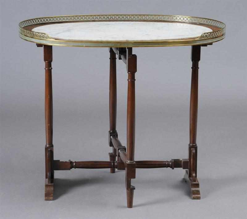 Appraisal: LOUIS XVI STYLE BRASS-MOUNTED MARBLE AND MAHOGANY FOLDING TABLE The