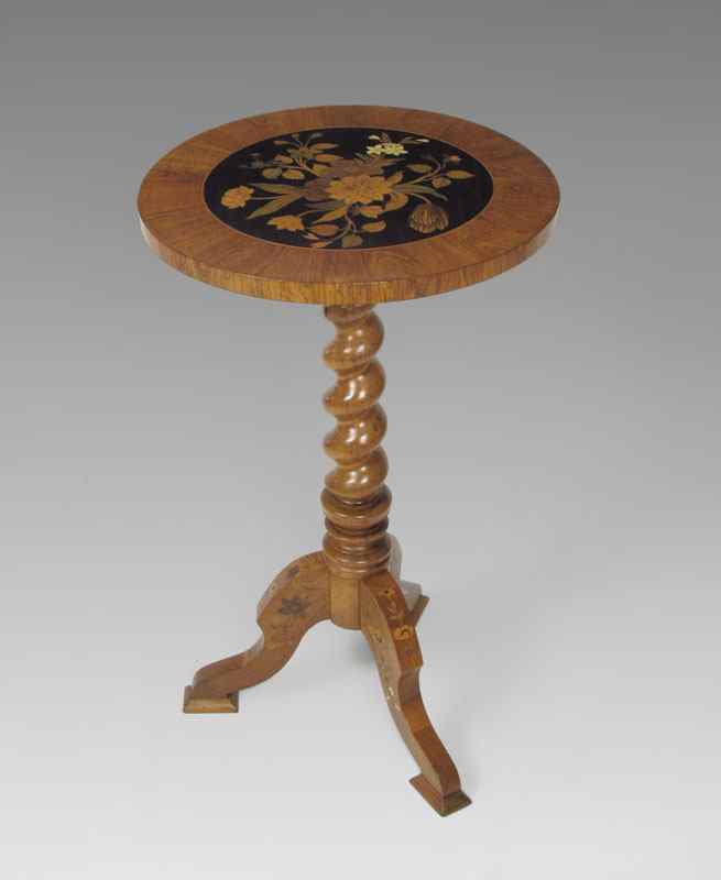 Appraisal: TH MARQUETRY TWIST PEDESTAL TABLE Exotic wood of floral design