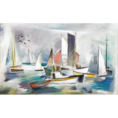 Appraisal: Tod Lindenmuth American - In Harbor Oil on Masonite framed