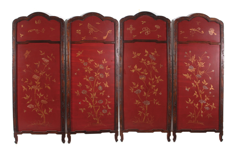 Appraisal: Chinese carved rosewood and lacquer four-panel screen Qin dynasty frame