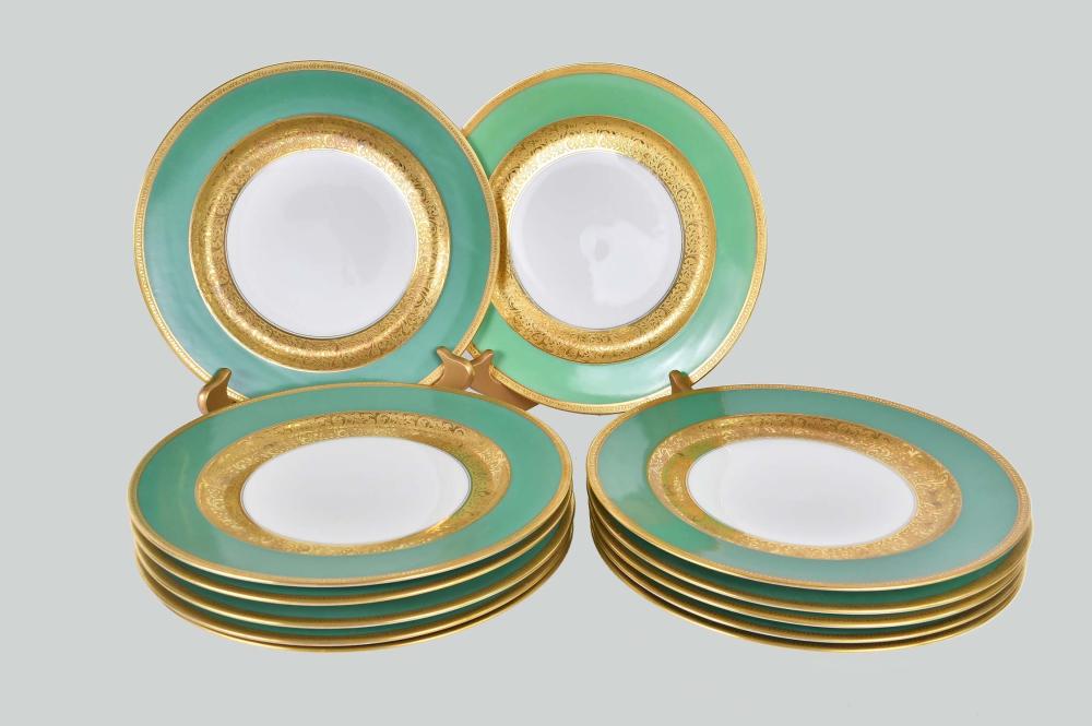 Appraisal: TWELVE LIMOGES GREEN GILT PORCELAIN SERVICE PLATES th Century Marked