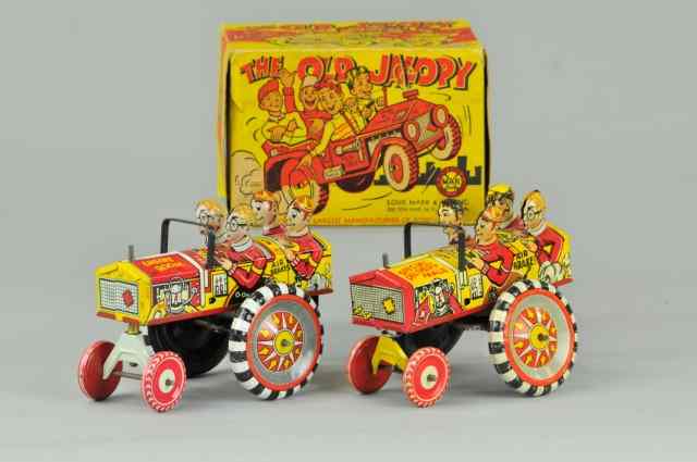 Appraisal: TWO OLD JALOPY AUTOS Marx toys lithographed tin each features