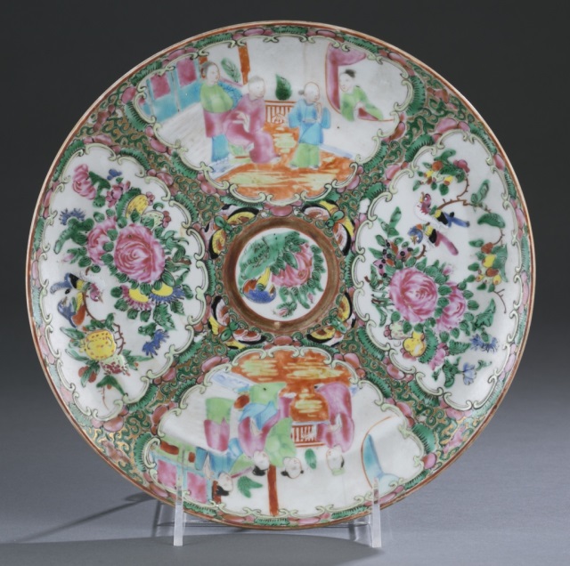 Appraisal: Canton Famille Rose Porcelain Plate Unmarked export porcelain Late Qing