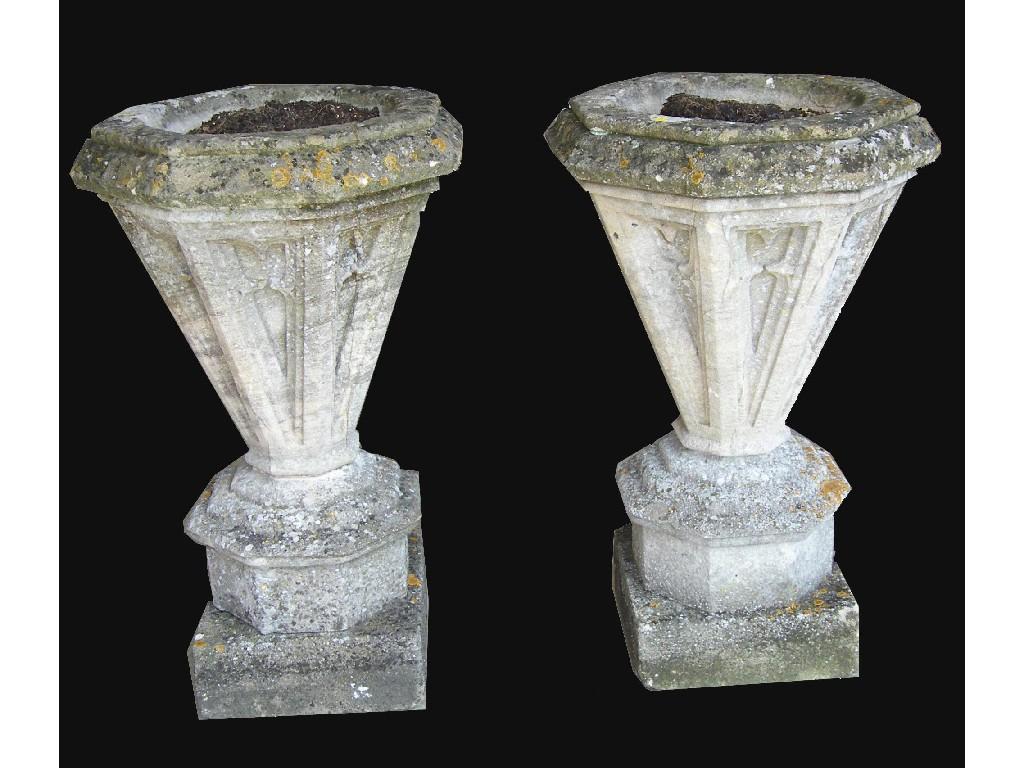 Appraisal: Good pair of Gothic revival stone octagonal garden urns of