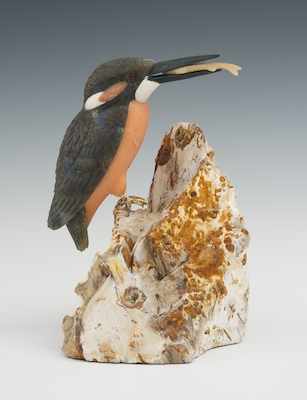 Appraisal: A Carved Gemstone Sculpture of a Kingfisher Holding a fish