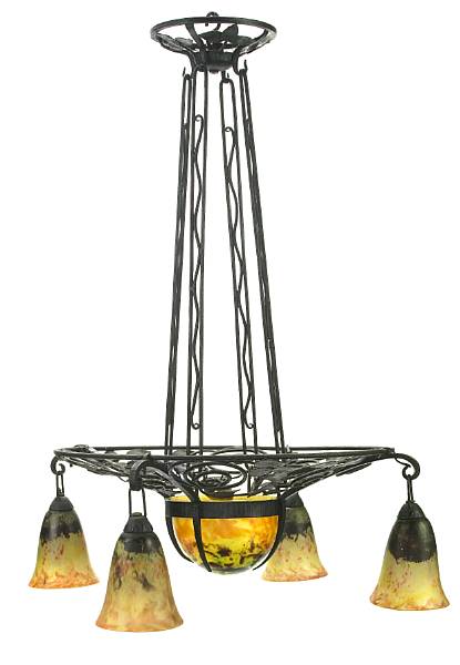 Appraisal: A Daum Nancy mottled glass and wrought-iron chandelier early th